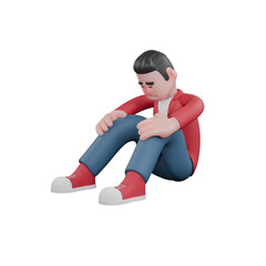 3D Male Singer Character. A male singer is sitting on the floor with his face down while both hands are on his knees. Cartoon Music Artist