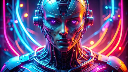 Obraz premium Futuristic cyborg with neon elements in dim lighting Extreme Close-Up