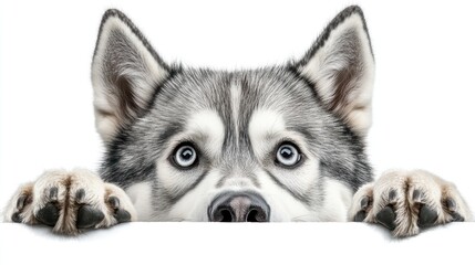 Obraz premium A close-up of a husky dog's face and paws peeking over a surface, displaying curiosity.