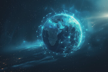 Obraz premium Abstract background with blue gradients and glowing planets made up of interconnected dots and lines