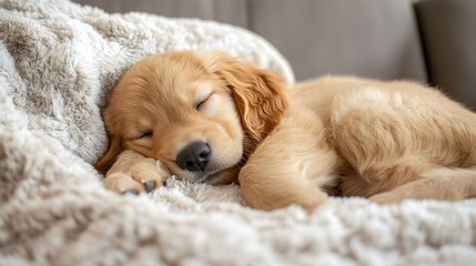 A cute golden retriever puppy sleeping in an electric blanket, in a cozy and comfortable environment