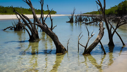 Coastal trees standing dead in shallow waters, remnants of deforestation and coastal erosion, symbolizing the slow vanishing of coastal ecosystems due to human impact.