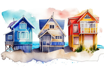 A vibrant watercolor painting of three colorful beach houses perched on the shoreline. The houses, painted in shades of blue, yellow, and red, exude a sense of coastal charm and tranquility