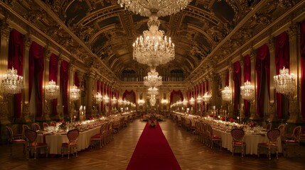 opulent, grand banquet hall adorned with crystal chandeliers and luxurious red drapery, set for royal feast. long dining tables and golden decor emphasize majesty and grandeur of occasion