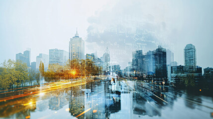 Obraz premium illustration double exposure cityscape skyscrapers smoke pollution reflecting in the water under 
