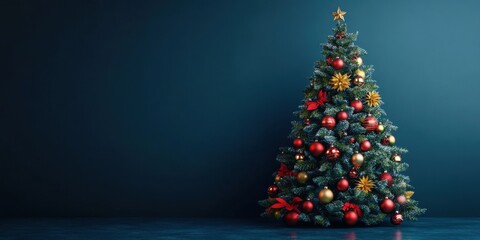 A New Year&rsquo;s tree adorned with colorful ornaments, banner design