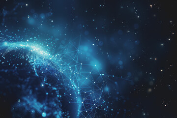 Abstract background with blue gradients and glowing planets made up of interconnected dots and lines