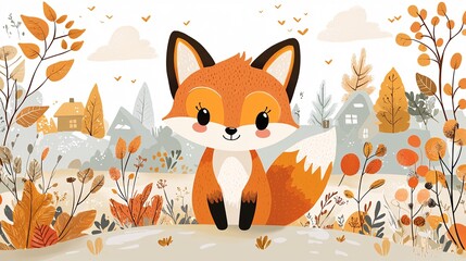 Playful Cartoon Fox Surrounded by Colorful Foliage in Flat Design Style