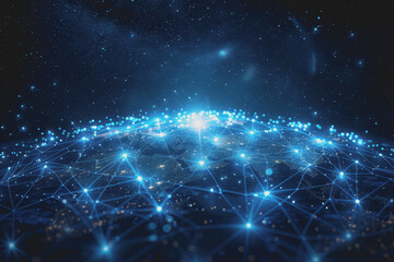 Abstract background with blue gradients and glowing planets made up of interconnected dots and lines