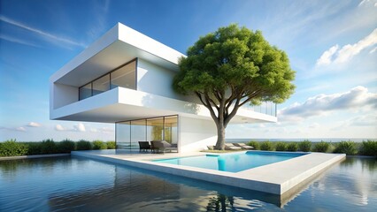 Fototapeta premium Futuristic house with rooftop pool and tree on white house in Full HD background tilted angle