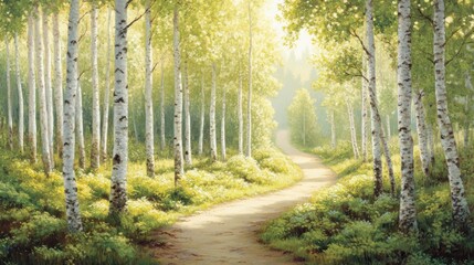 Fototapeta premium A serene forest path illuminated by sunlight, surrounded by lush greenery and birch trees.