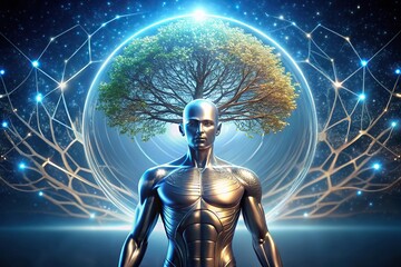 Futuristic humanoid connected to metal tree of life
