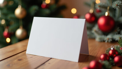 A blank Christmas card on a wooden table, surrounded by festive holiday decorations like pine cones, red baubles, and greenery. Perfect for holiday greetings or seasonal designs.