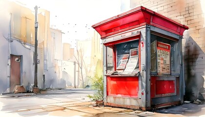 Forgotten Corner: A quiet street scene, painted in watercolor, featuring a weathered red kiosk and abandoned shops. Newspaper stand. Watercolor Illustration. Drawing. Art. 3