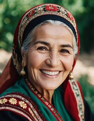 A mature Tajik woman 75 years old smiles showcasing intricate traditional attire and rich cultural heritage of her nationality, evoking wisdom and grace. Brunette woman, wearing a headscarf. AI