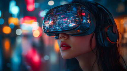 A gamer’s avatar in a high-tech, 3D-rendered environment, with a flat, 2D interface projected in front of them. They navigate virtual worlds