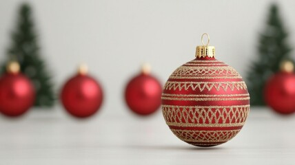 Traditional Christmas ornaments with intricate patterns, red and gold color scheme, festive and timeless design