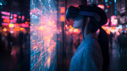 A gamer’s avatar in a high-tech, 3D-rendered environment, with a flat, 2D interface projected in front of them. They navigate virtual worlds