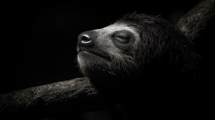 A close-up of a sloth resting peacefully on a branch in a dark setting.