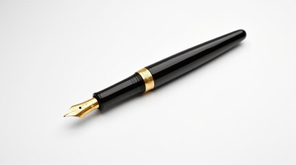 Naklejka premium A classic fountain pen with a gold nib, resting gracefully on a white background. The pen has a shiny barrel that catches the light, giving it a smooth and polished look.