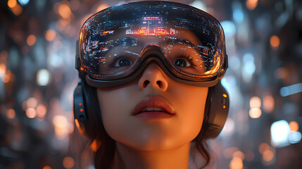 A gamer’s avatar in a high-tech, 3D-rendered environment, with a flat, 2D interface projected in front of them. They navigate virtual worlds