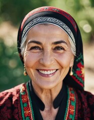 A mature Tajik woman 75 years old smiles showcasing intricate traditional attire and rich cultural heritage of her nationality, evoking wisdom and grace. Brunette woman, wearing a headscarf. AI