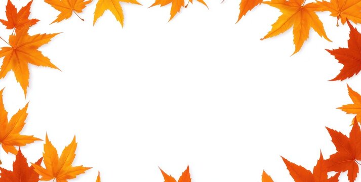 A frame of vibrant orange maple leaves surrounding a blank white space.