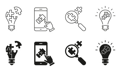 Inspiration for Innovation Line and Silhouette Icon Set. Search and Create Ideas. Success Innovation, Inspiration, Idea with Puzzle Icon. Editable Stroke. Isolated Vector Illustration