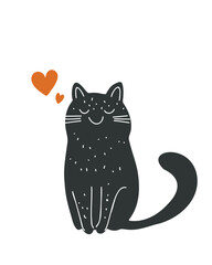 Black cat with a raised tail, drawn in a simple cartoon style, vector illustration for children's books and toys