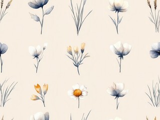 Beautiful floral pattern with delicate flowers and grasses on a soft background.