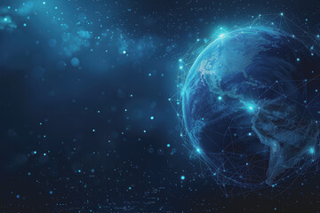 Abstract background with blue gradients and glowing planets made up of interconnected dots and lines