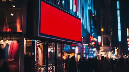 Vibrant red digital billboard in a bustling city street at night, surrounded by neon lights and reflections, offering prime advertising space
