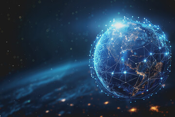 Obraz premium Abstract background with blue gradients and glowing planets made up of interconnected dots and lines