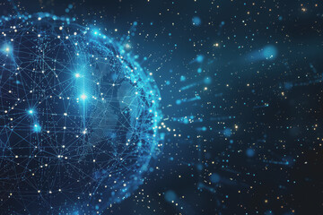 Abstract background with blue gradients and glowing planets made up of interconnected dots and lines