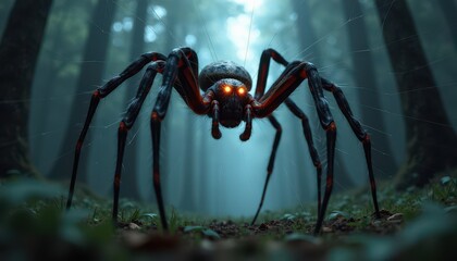 Obraz premium Giant spider weaving its web in a dark forest with glowing eyes peering out from within the shadows of the trees.