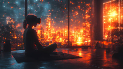 A surreal scene of a person sitting in a modern living room, wearing a VR headset. Around them, glowing 3D virtual objects begin to materialize.