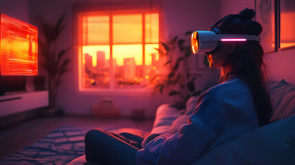 A surreal scene of a person sitting in a modern living room, wearing a VR headset. Around them, glowing 3D virtual objects begin to materialize.