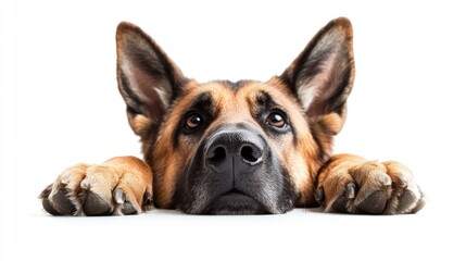 Obraz premium A close-up of a German Shepherd resting its head on its paws, looking curiously.