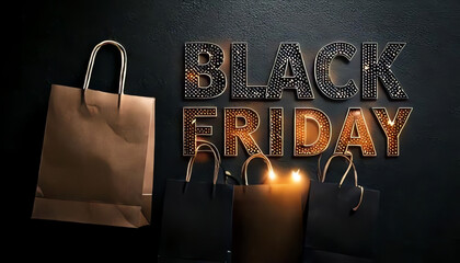 background concept for black friday sale with shopping bags, wrapped gifts with bows and balloons in black and gold