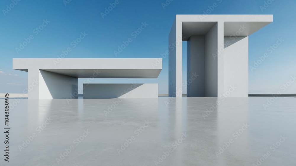 Aufkleber 3d render of abstract modern concrete white architecture with empty cement floor, minimal exterior, car presentation background
