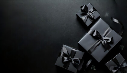 background concept for black friday sale with shopping bags, wrapped gifts with bows and balloons in black and gold