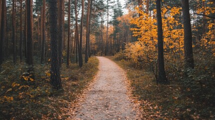 Obraz premium A winding path through a forest in autumn.