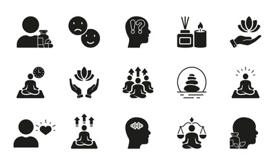 Meditation Practice Yoga and Zen Silhouette Icon. Healthy Lifestyle Icon. Wellness Icon Set. Relaxation, Meditation and Aromatherapy Pictogram. Isolated Vector Illustration