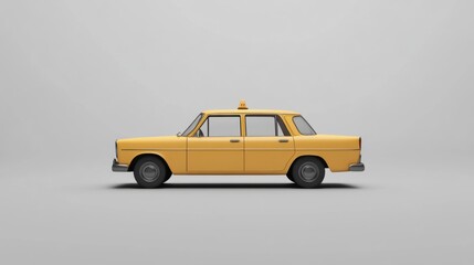 A yellow vintage taxi car with a yellow light on the roof, isolated on a white background.