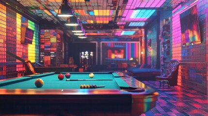 Billiard scene rendered in vibrant colors with AI-generated textures enhancing the cue and table