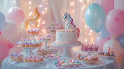 A unicorn-themed decor setup with pastel-colored streamers, glittery unicorn decorations, and rainbow balloons, a table filled with themed treats and a unicorn cake,