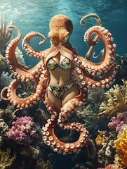 Fototapeta premium Female octopus in a stylish bikini on an underwater coral background.