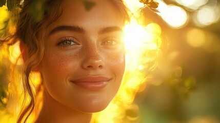 Fototapeta premium Close-up portrait of a woman with freckles and serene expression against a warm sunlit backdrop, surrounded by nature's golden leaves and gentle sunlight.