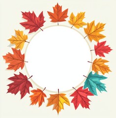 Vibrant arrangement of colorful autumn leaves forming a circular frame on a white background