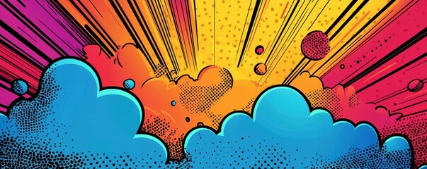 Colorful comic book page with five panels in vibrant pop art style background